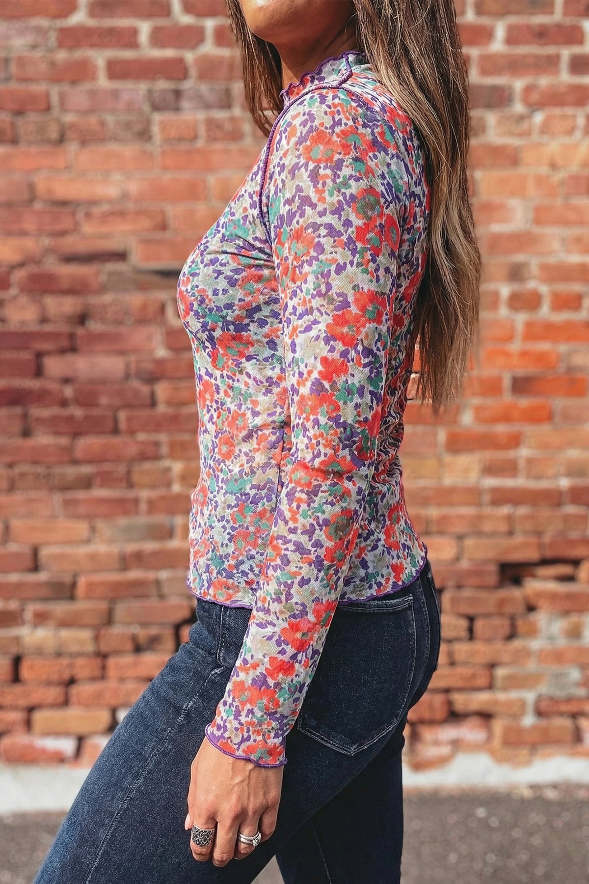 Beige Floral Print Slim Fit Mesh Long Sleeve Mock Neck Top