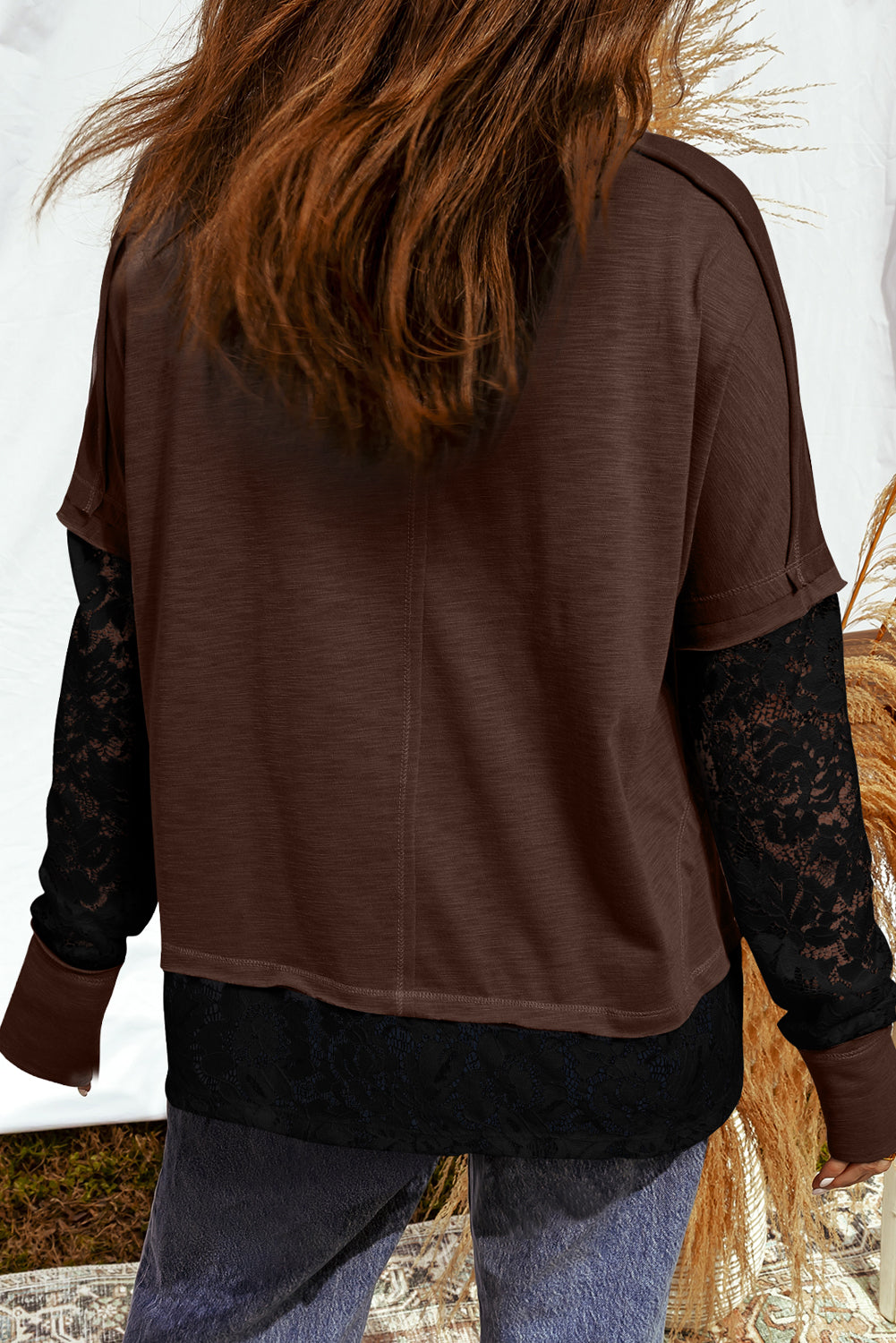 Sheer Lace Patchwork Casual Long Sleeve Tee