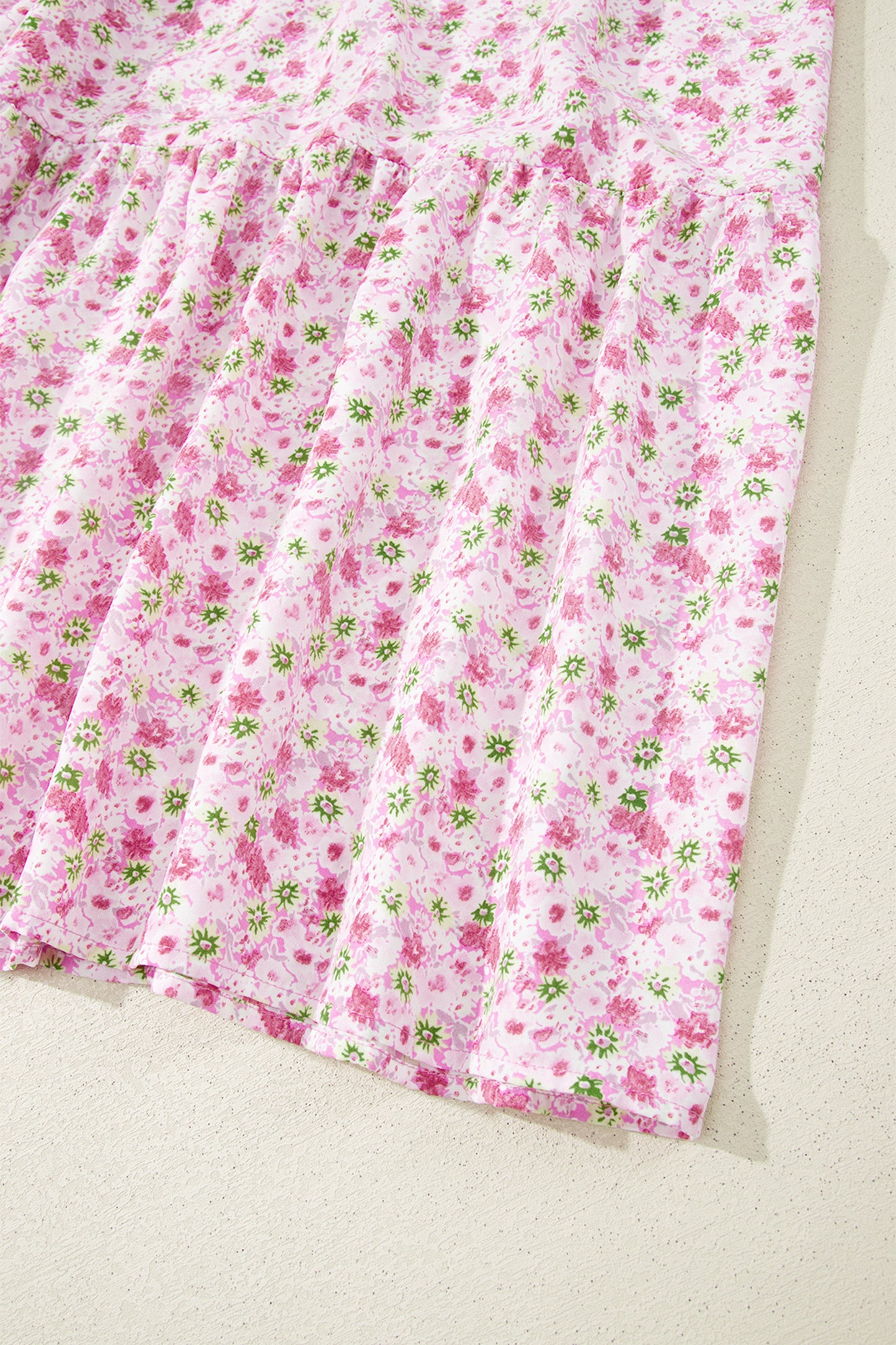 Pink Floral Short Bubble Sleeve Shirred High Waist Maxi Dress
