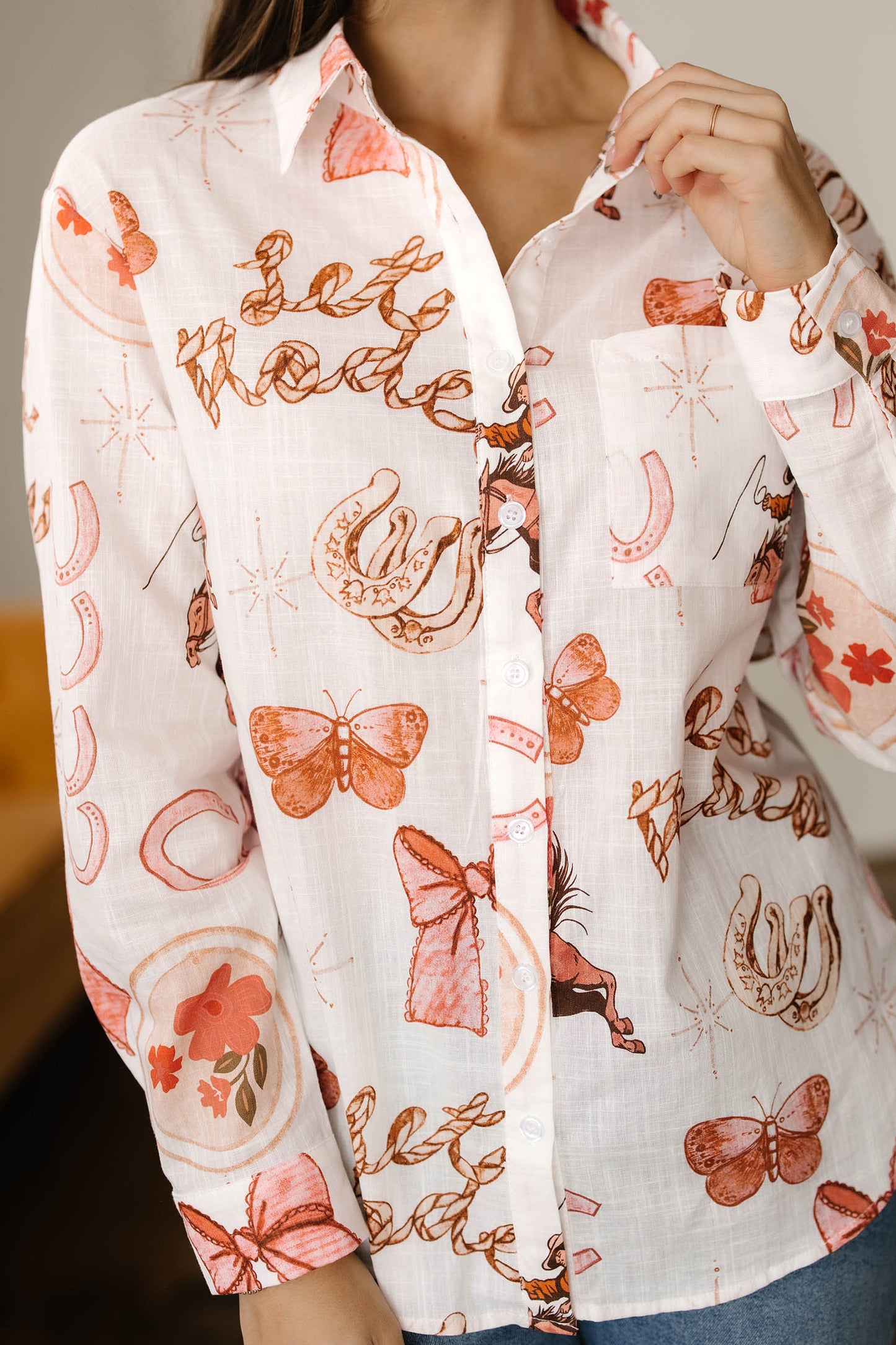White Rodeo Cowgirl Print Western Button up Top