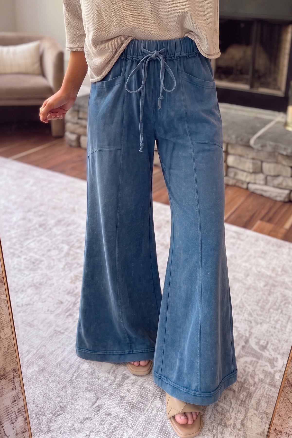 Jungle Green Mineral Wash Seam Detail Flare Leg Drawstring Pants