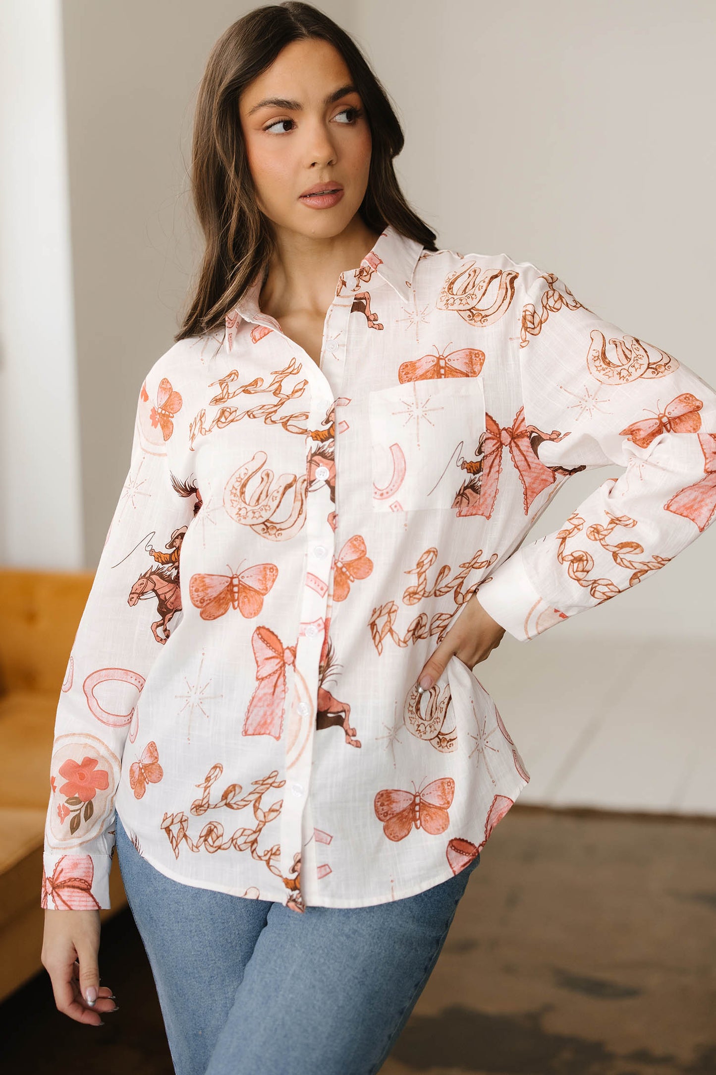 White Rodeo Cowgirl Print Western Button up Top
