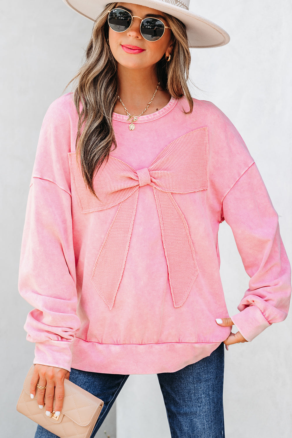 Mineral Wash Big Bow Patchwork  Sweatshirt