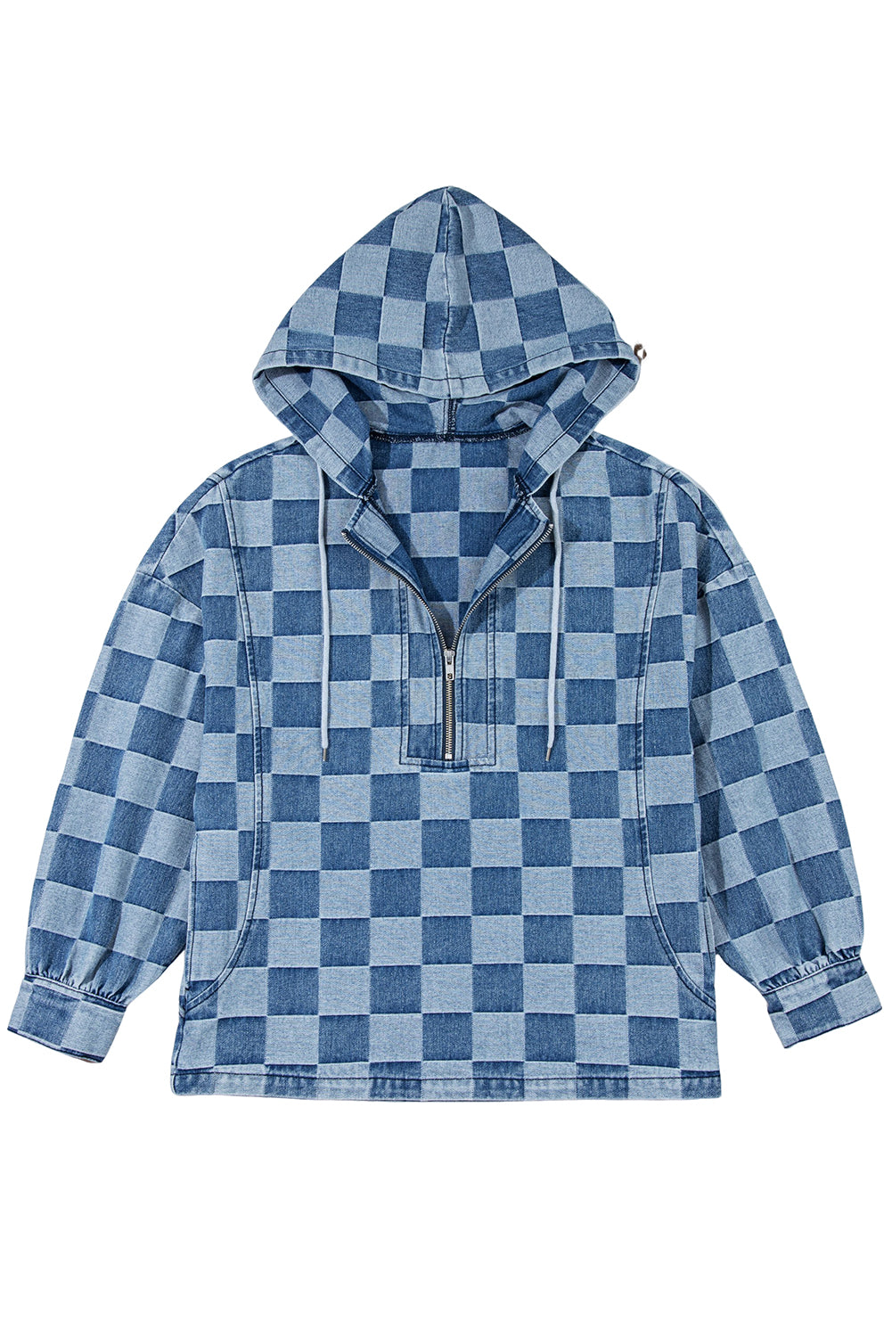 Checkerboard Denim Hooded Sweatshirt