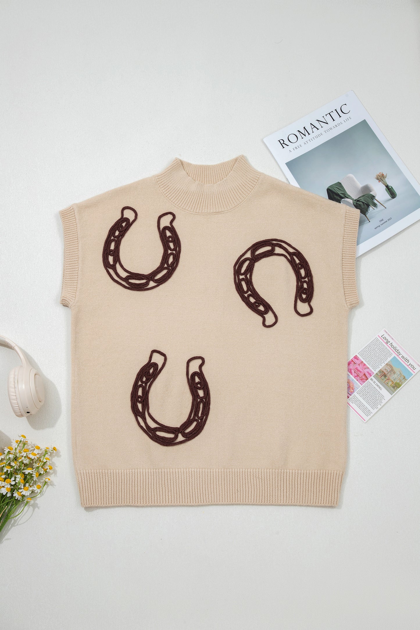 Corded Horseshoes Ribbed Trim Mock Neck Short Sleeve Sweater