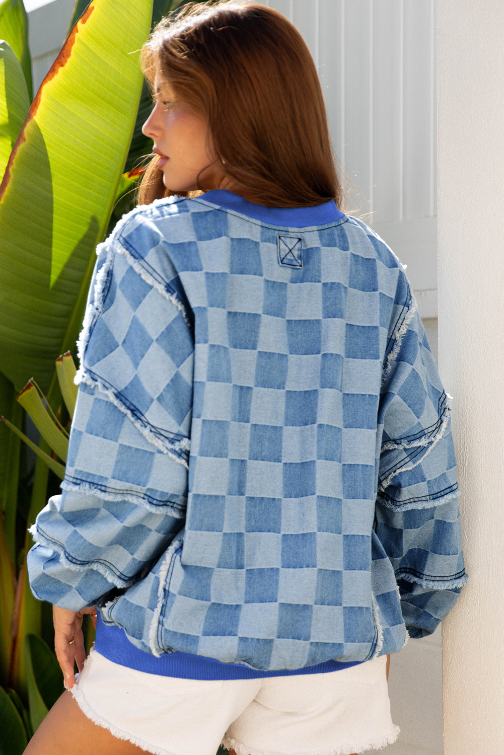 Checkerboard Oversized Denim Pullover Sweatshirt