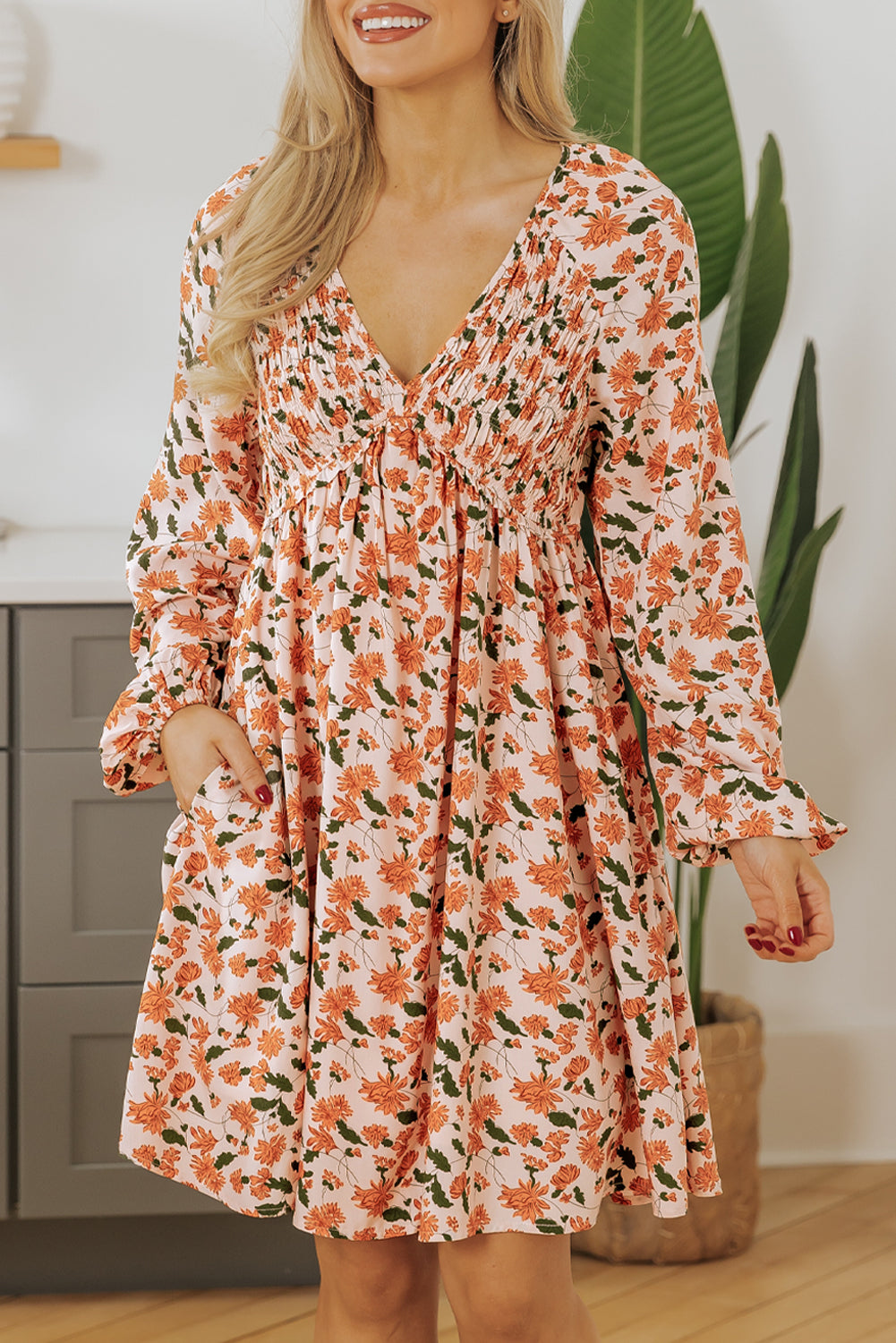 Beige Floral Deep V Neck Smocked Bust Bubble Sleeve Babydoll Dress