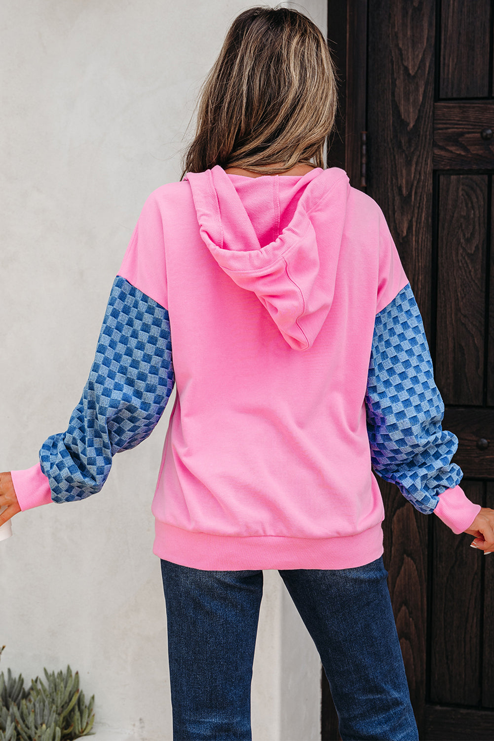 Pink Denim Checkered Hooded Sweatshirt