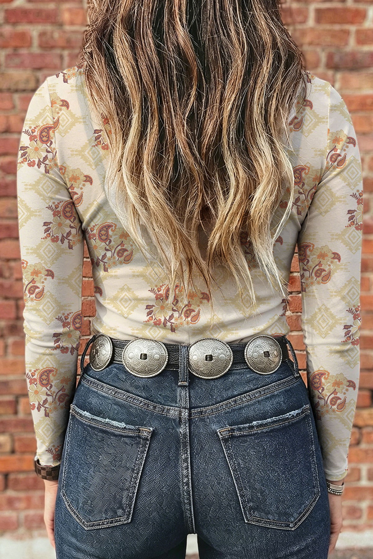 Beige Floral Print Slim Fit Mesh Long Sleeve Mock Neck Top