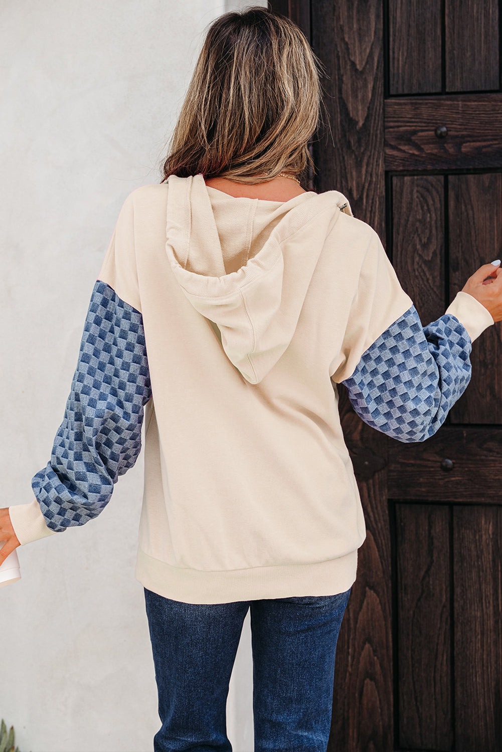 Pink Denim Checkered Hooded Sweatshirt