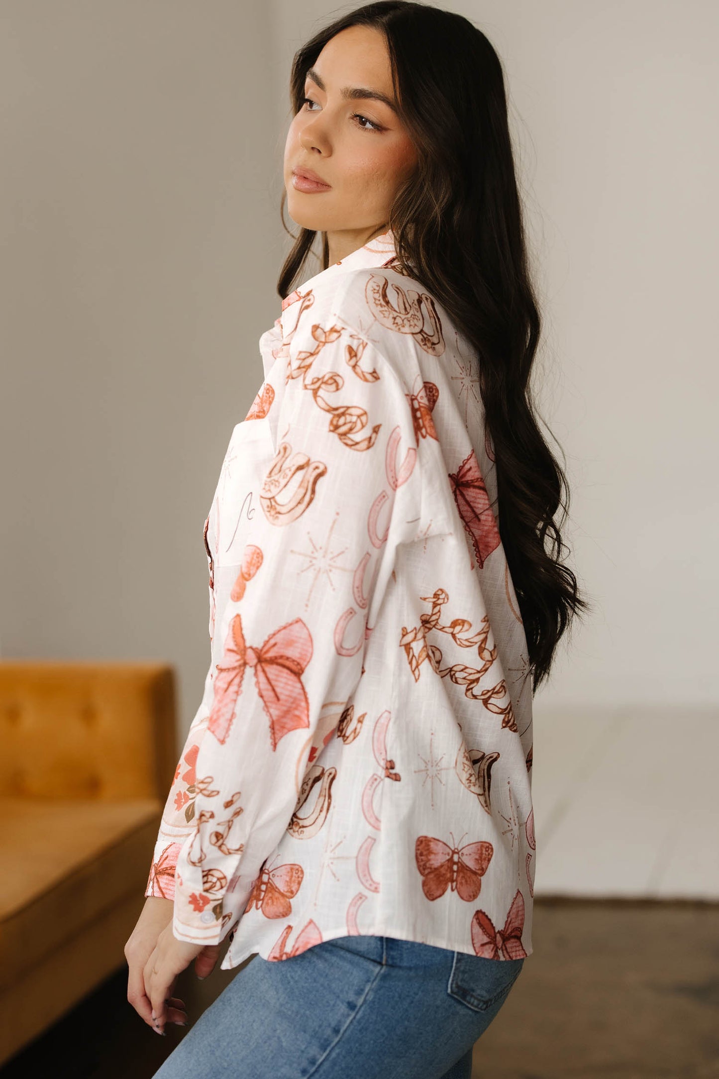 White Rodeo Cowgirl Print Western Button up Top