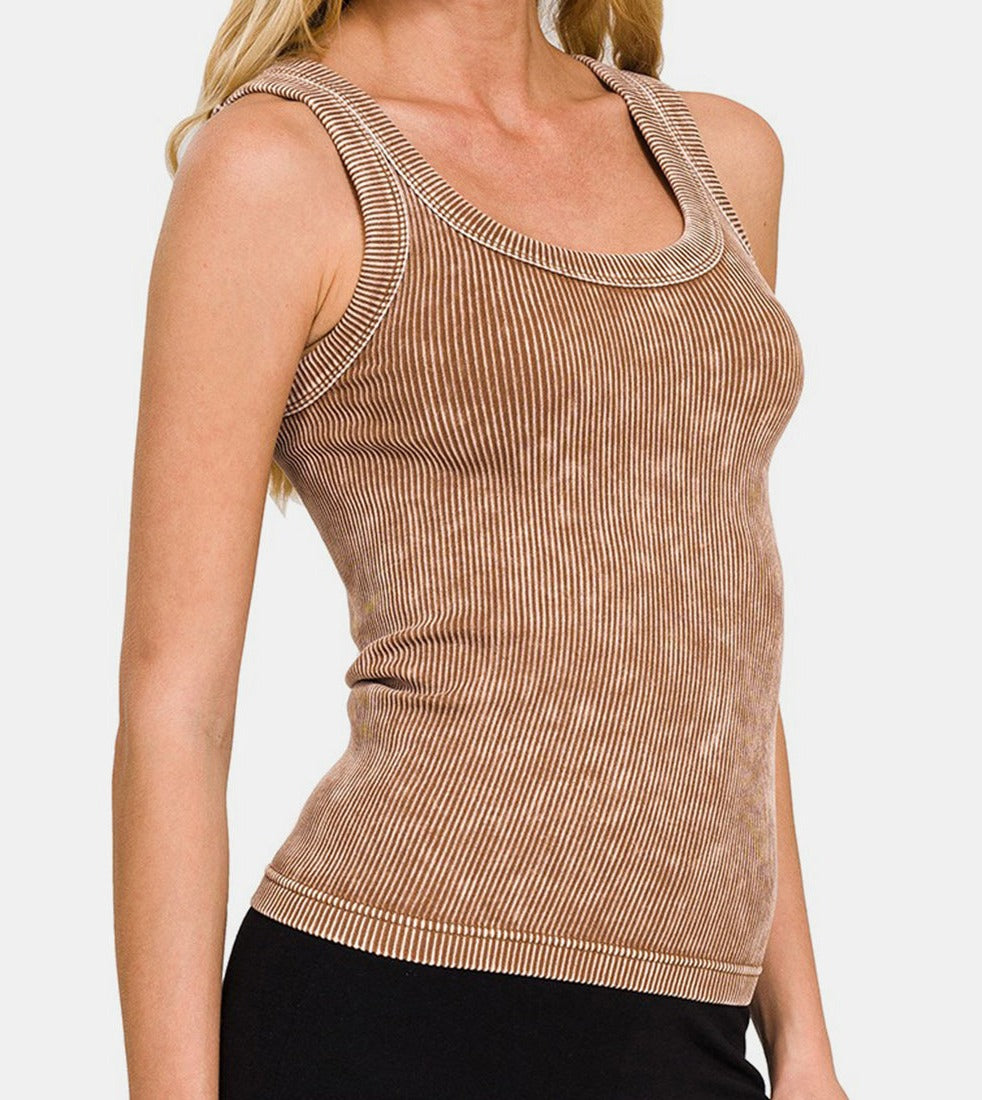 Zenana 2 Way Neckline Washed Ribbed Cropped Tank