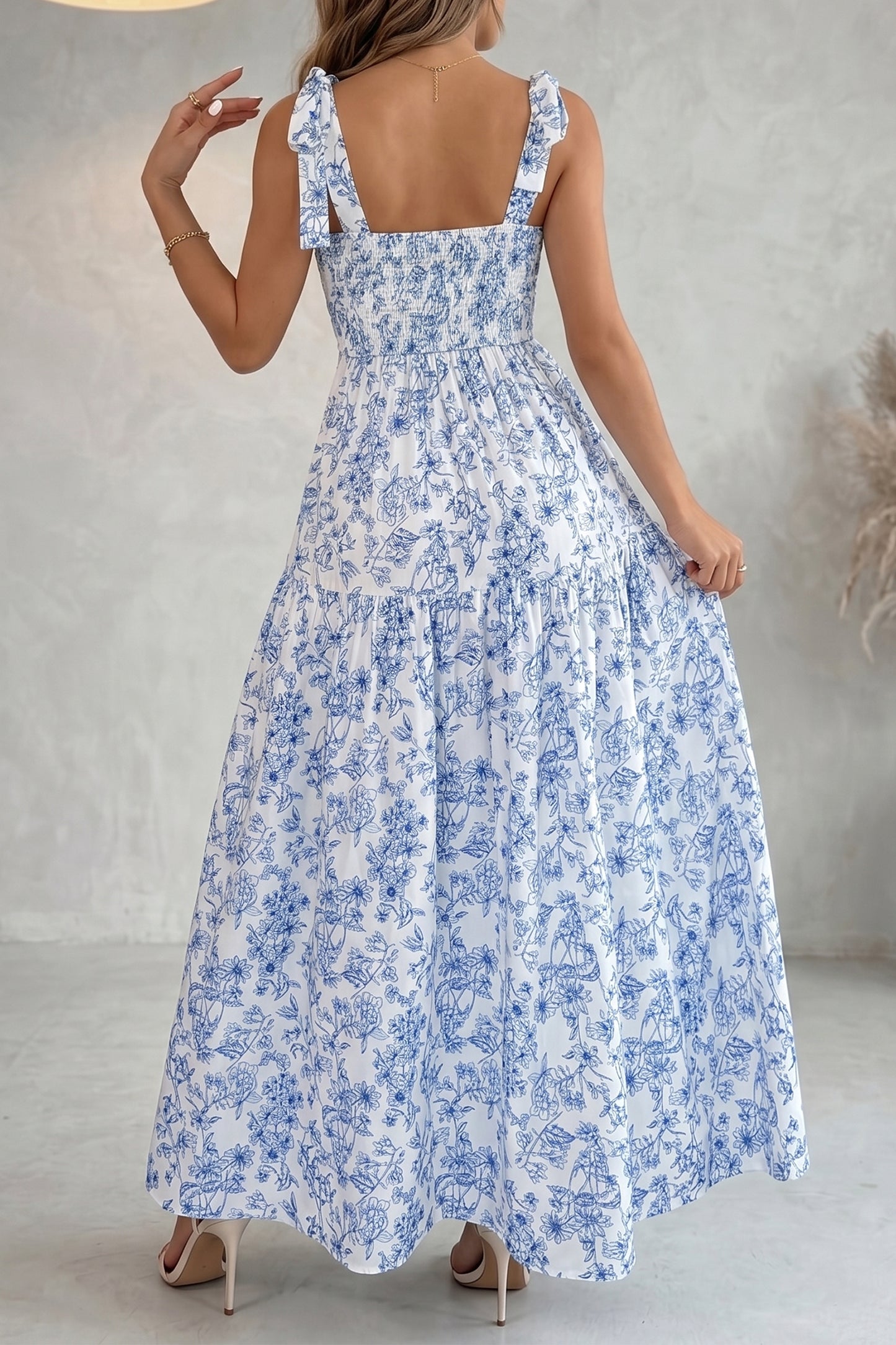 Sky Blue Floral Print Knot Flared Maxi Dress