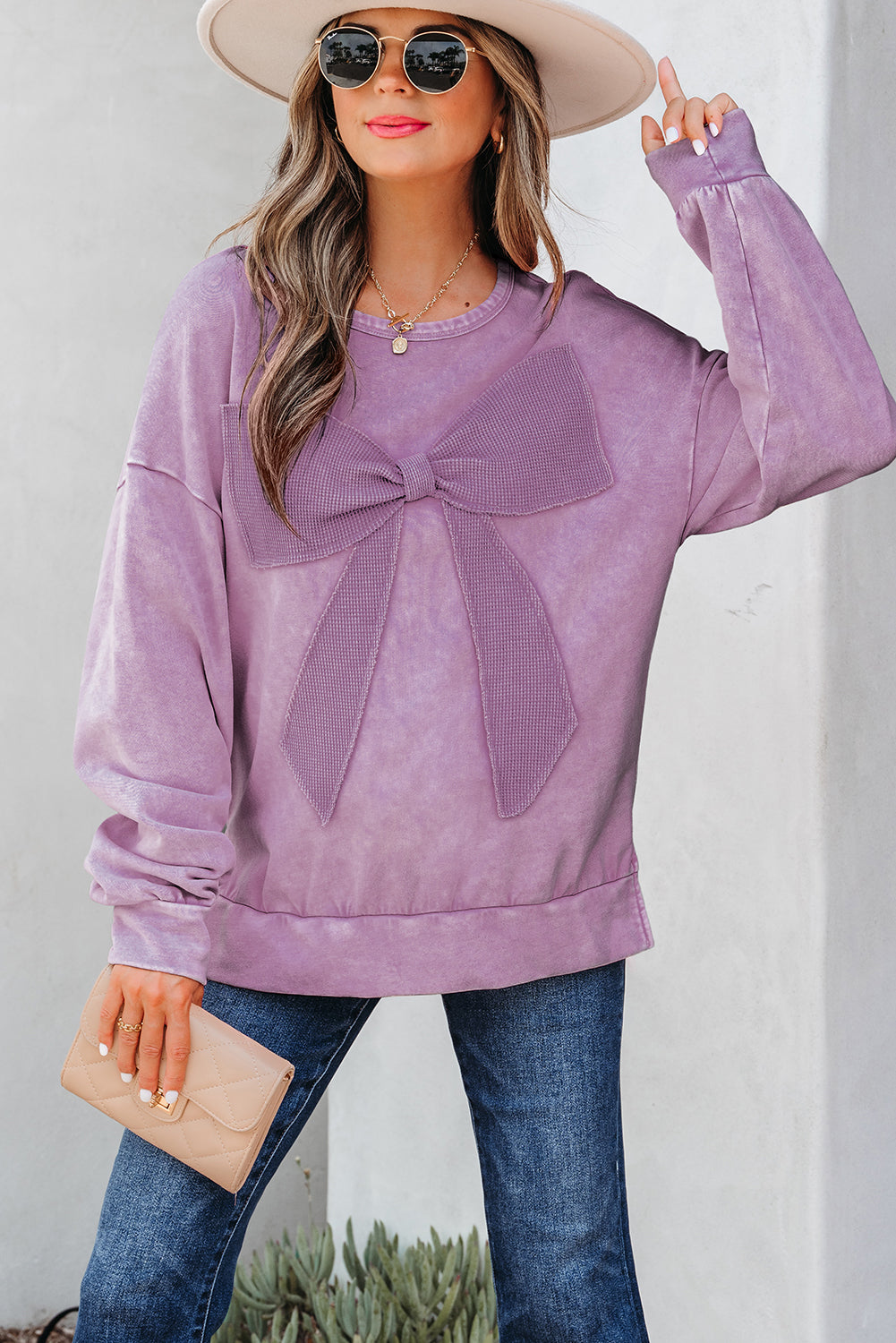 Mineral Wash Big Bow Patchwork  Sweatshirt
