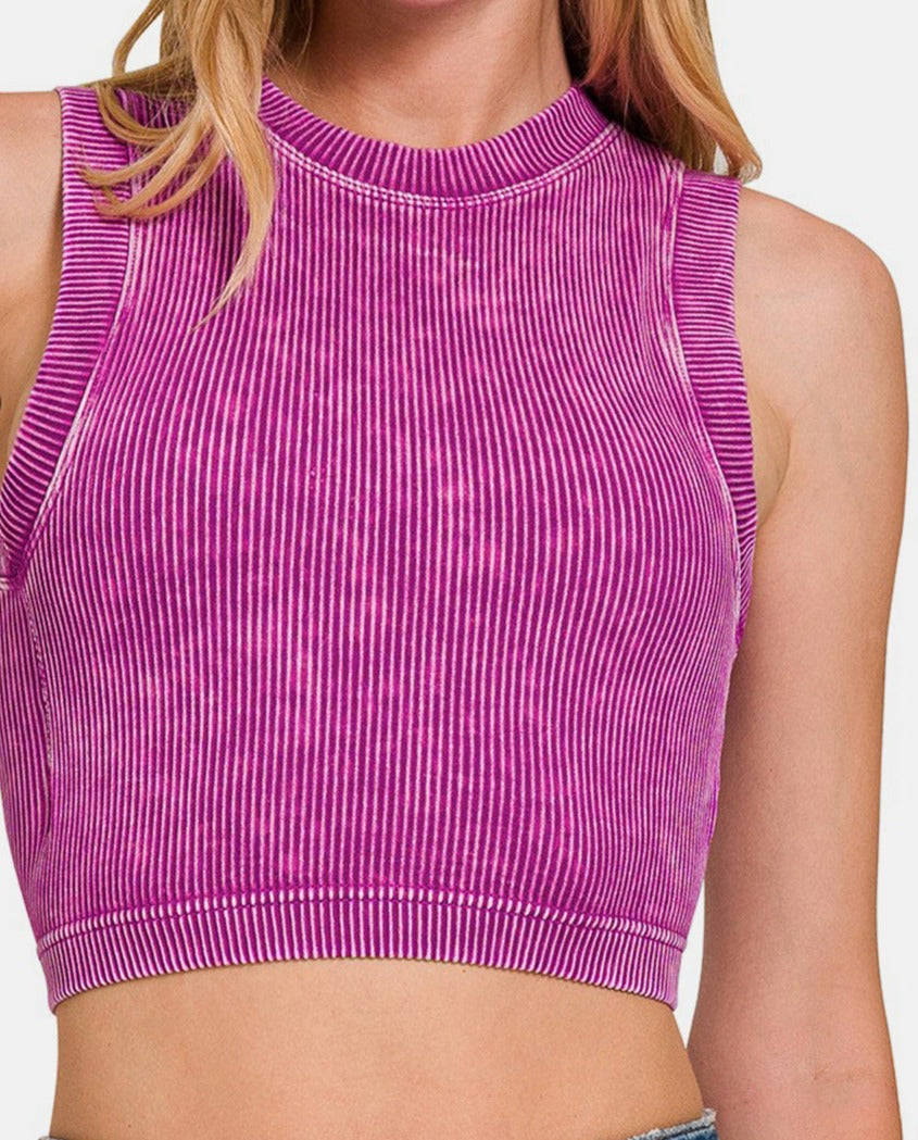 Zenana Washed Ribbed Seamless Crop Tank with Bra Pad