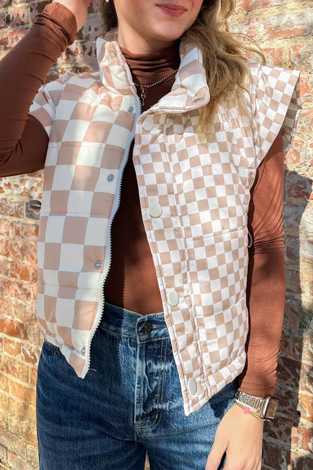 Khaki Plaid Quilted Button Zip Up Vest