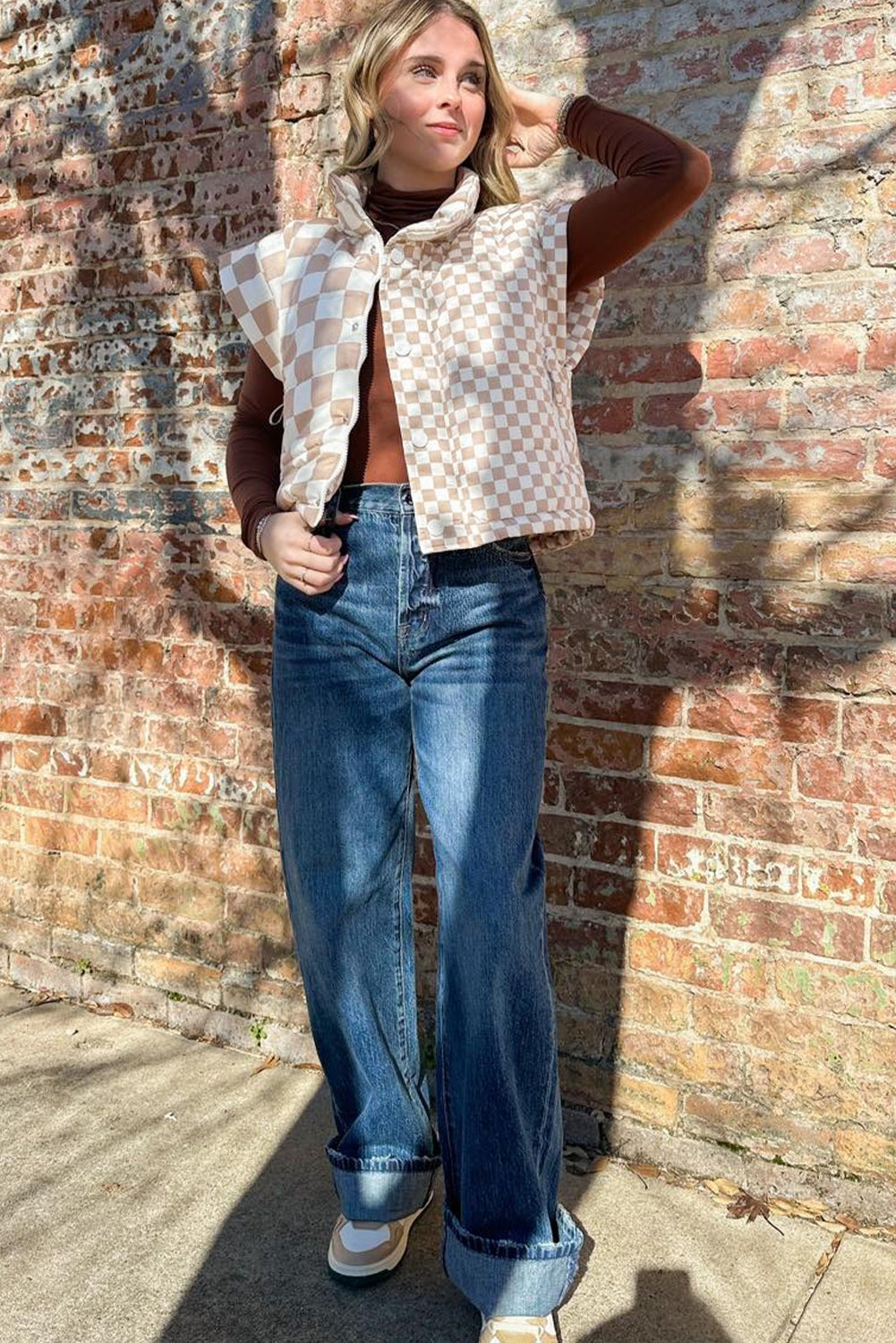 Khaki Plaid Quilted Button Zip Up Vest