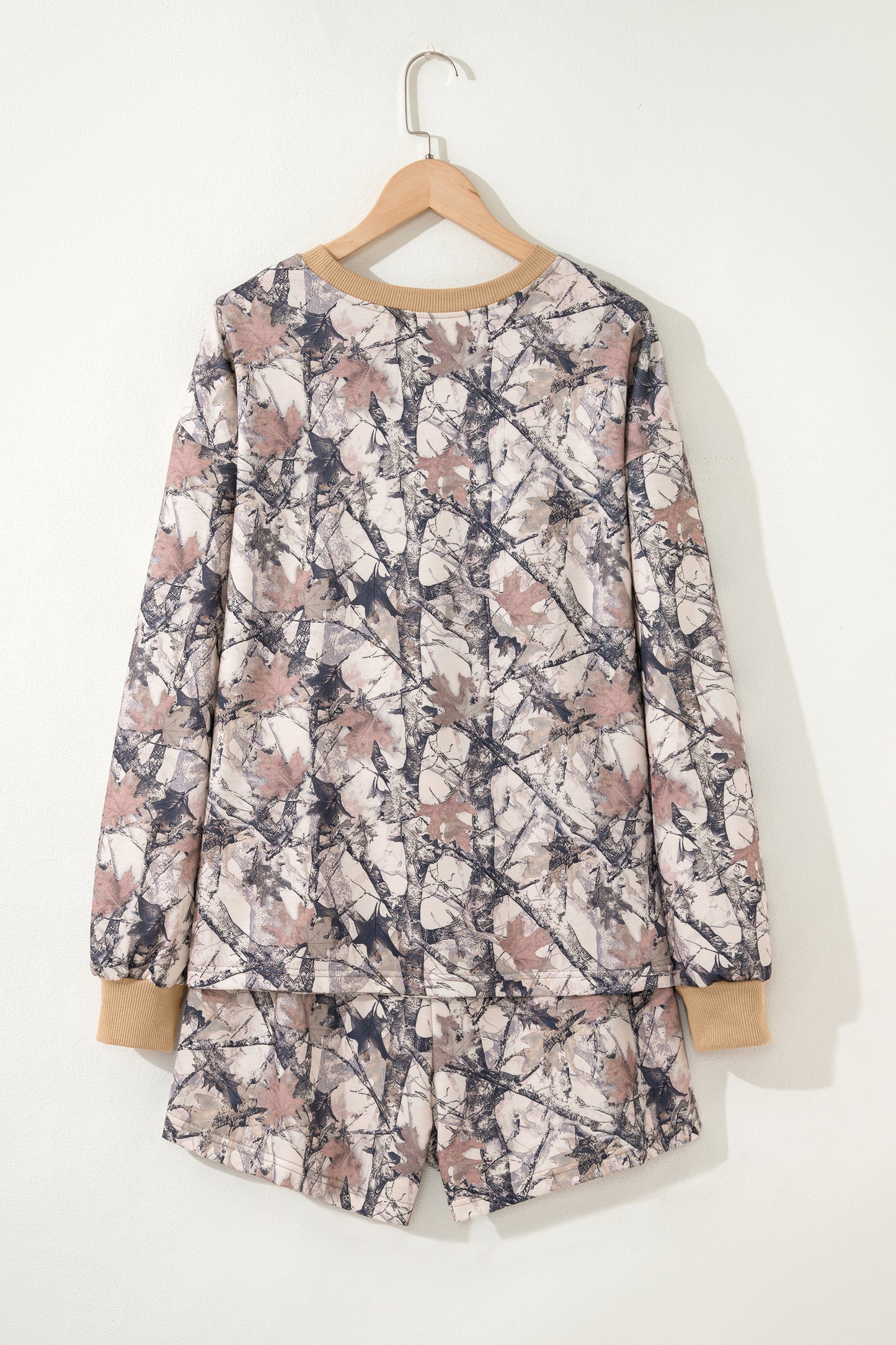 Khaki Woodland Camo Print Long Sleeve Top Casual Short Set