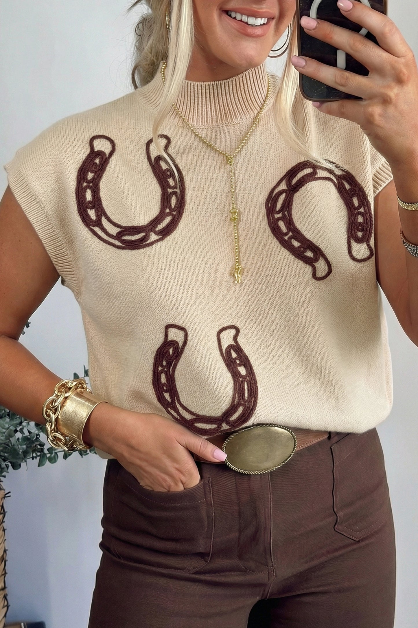 Corded Horseshoes Ribbed Trim Mock Neck Short Sleeve Sweater