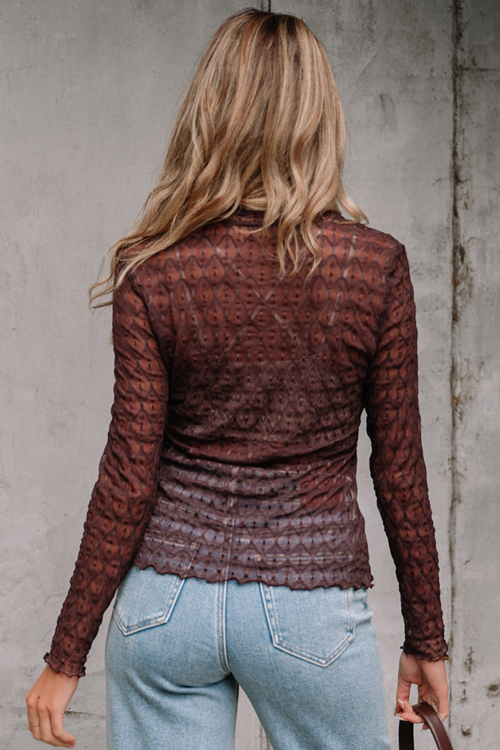 Coffee Sheer Mesh Long Sleeve Top