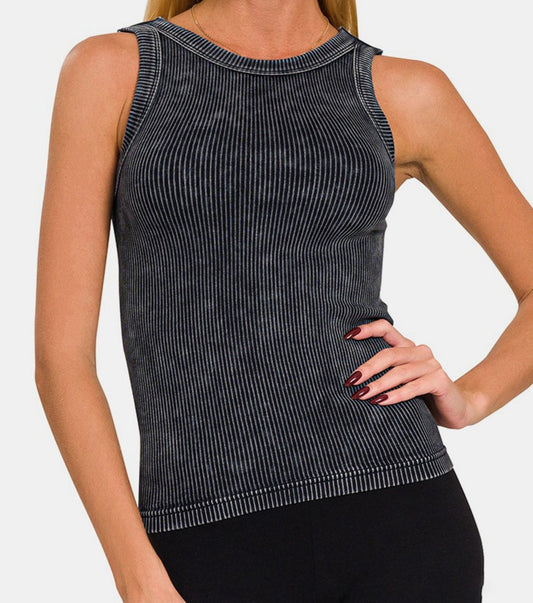 Zenana 2 Way Neckline Washed Ribbed Cropped Tank