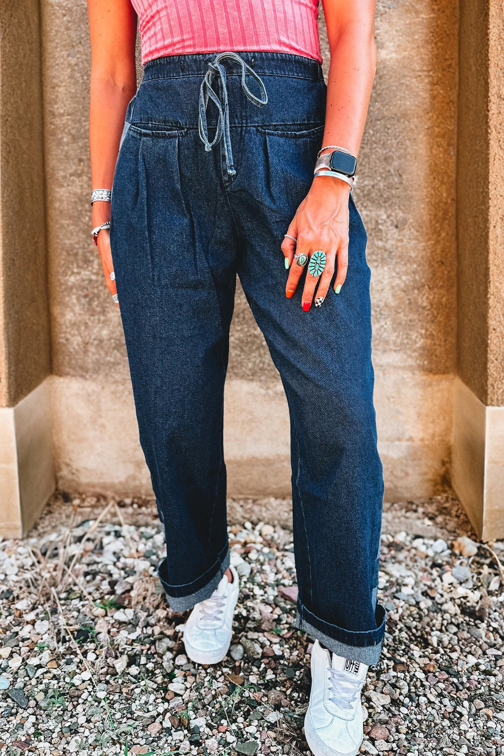 Sail Blue Checkered Side Panel Patchwork Drawstring Loose Denim Pants