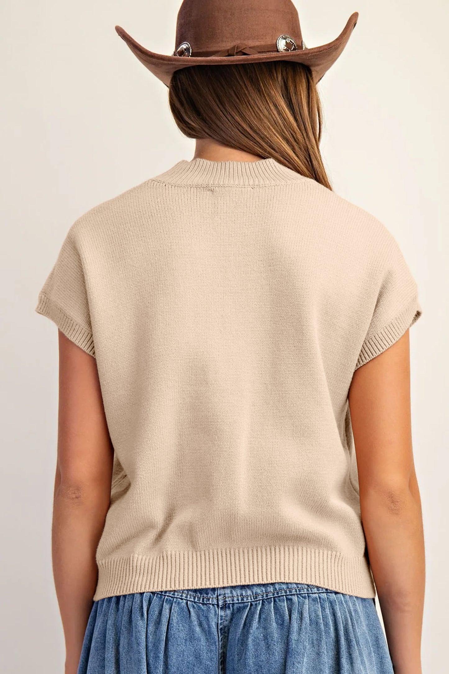 Corded Horseshoes Ribbed Trim Mock Neck Short Sleeve Sweater