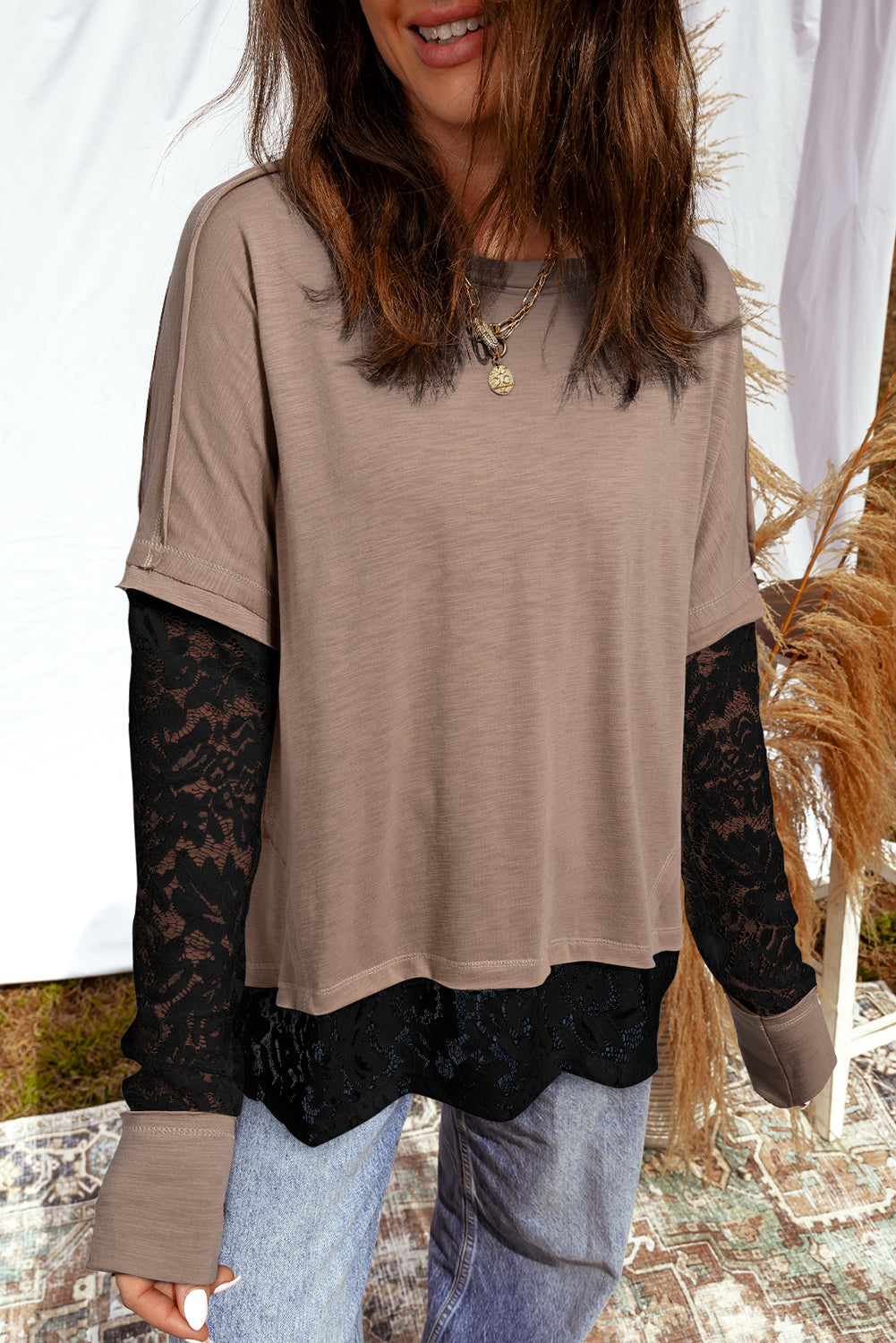 Sheer Lace Patchwork Casual Long Sleeve Tee