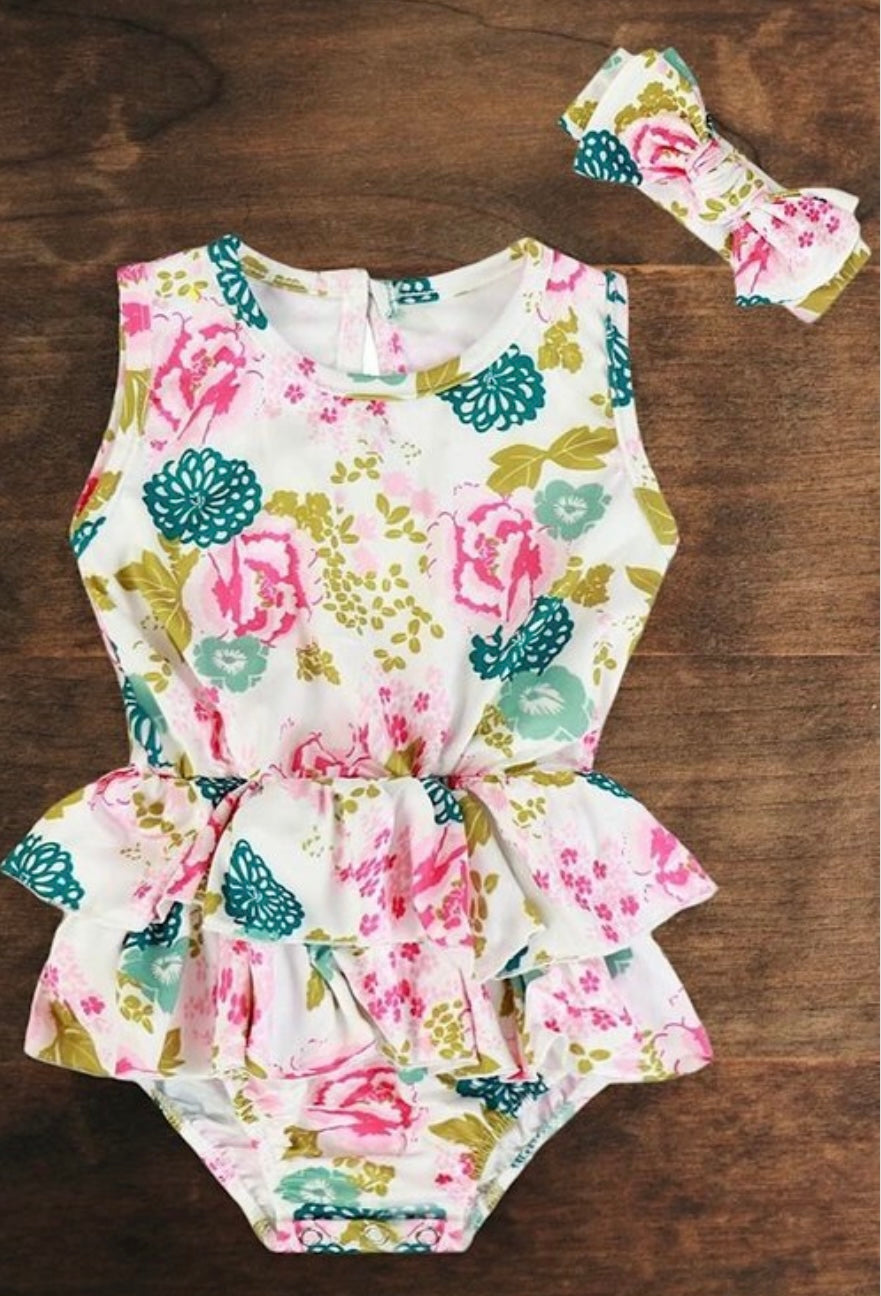 FLORAL PRINT ONESIE & HEADBAND