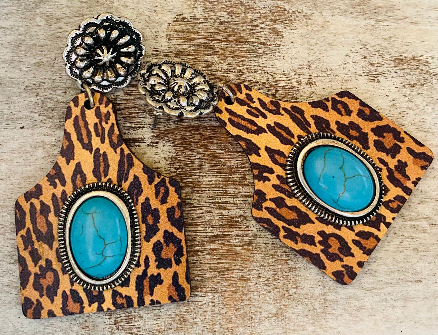 CATTLE TAG LEOPARD POST EARRINGS