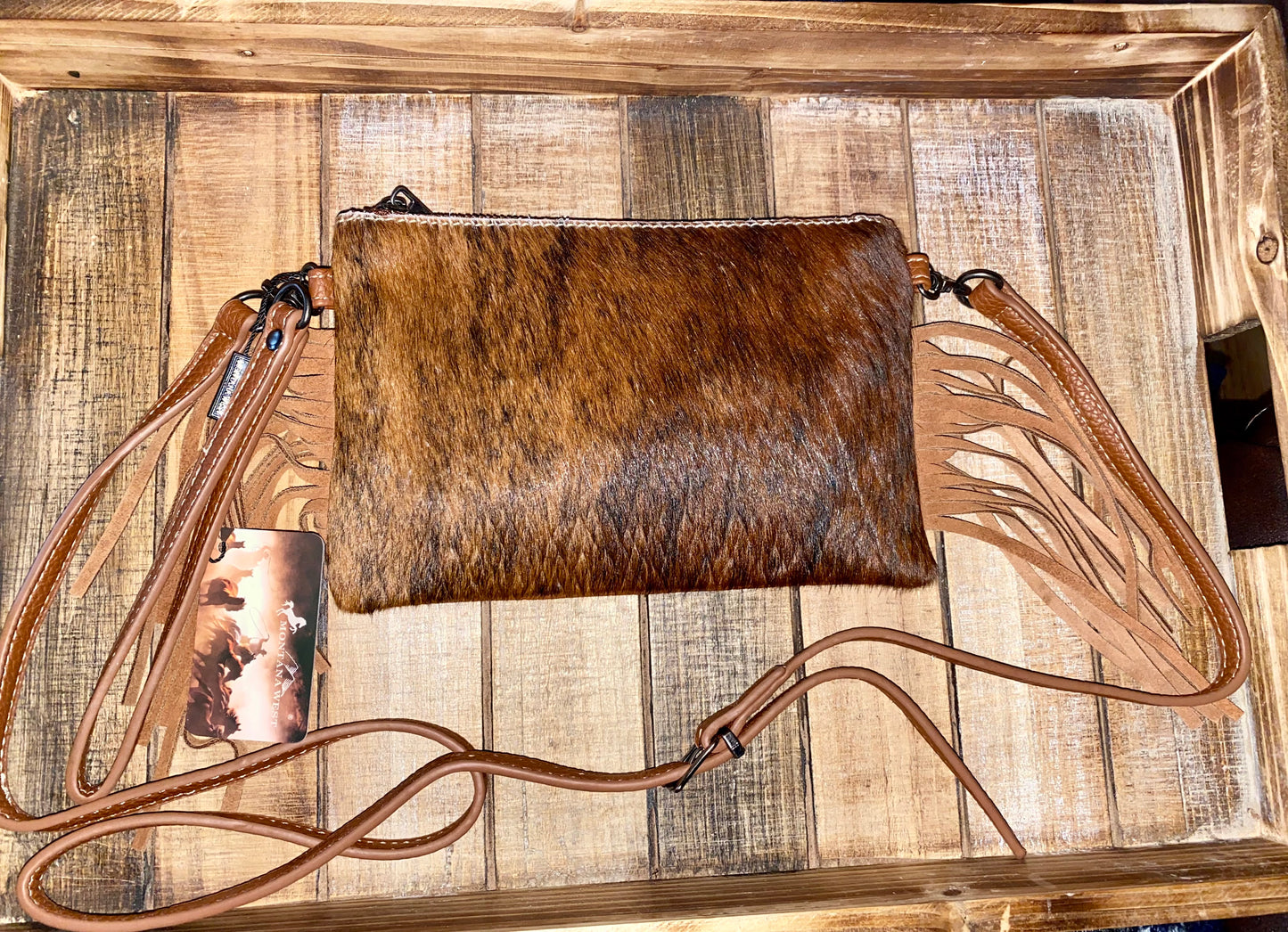 MONTANA WEST BRINDLE COWHIDE LEATHER FRINGED CROSSBODY